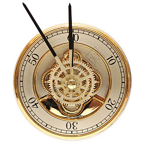 配有齿轮的闭金钟压力时间拨号手表金子合金宏观指针古董工艺背景图片