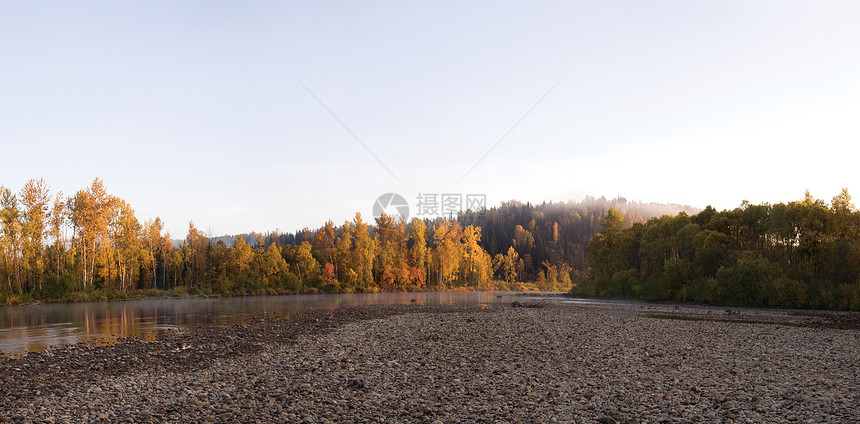 清晨在河上森林绿色场景石头溪流蓝色树木叶子卵石天空图片