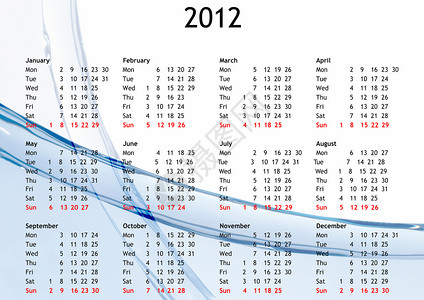 2012年日历几个月池塘时间波浪蓝色液体水滴高清图片