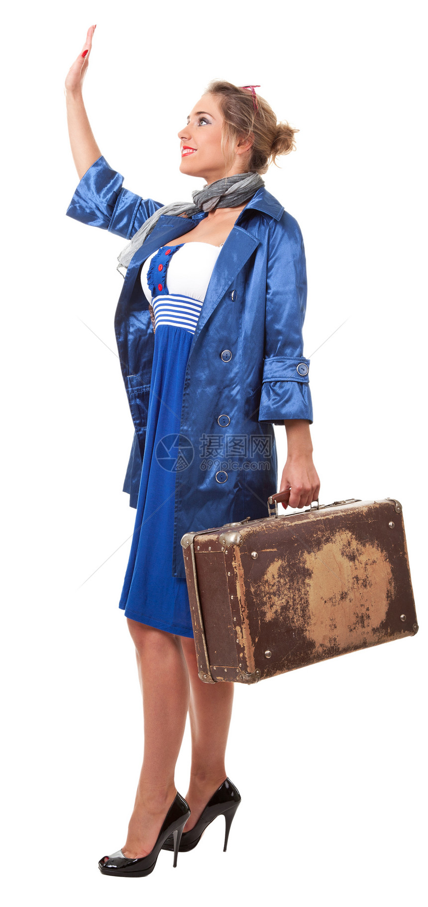 单身单身妇女旅行便车女士衣服乡愁女性风格行李白色围巾历史图片