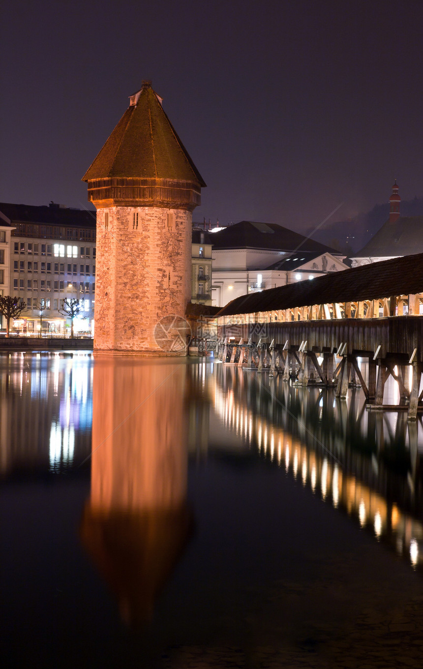 瑞士卢塞恩路塞恩桥反射历史旅行行人天桥人行道城市遗产木头照明图片