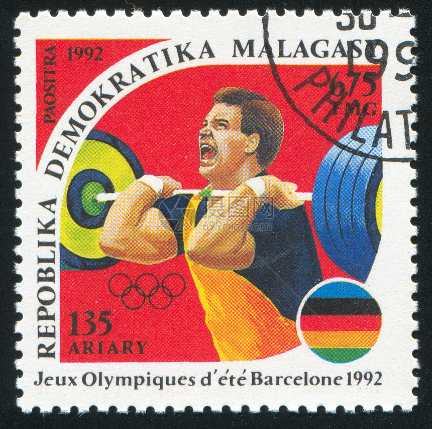重量提升运动邮票明信片旗帜男性邮资比赛条纹戒指运动员图片