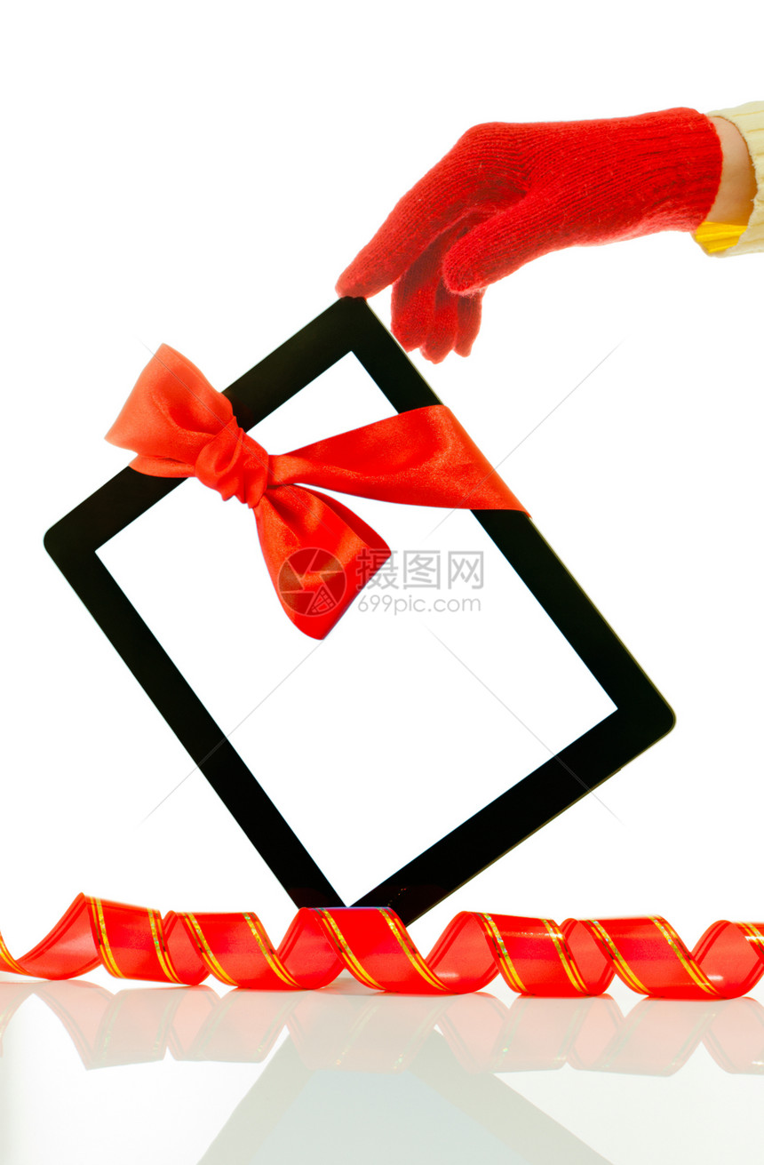 手戴红色手套 佩着平板电脑故事黑色页数空白电子书阅读白色图片