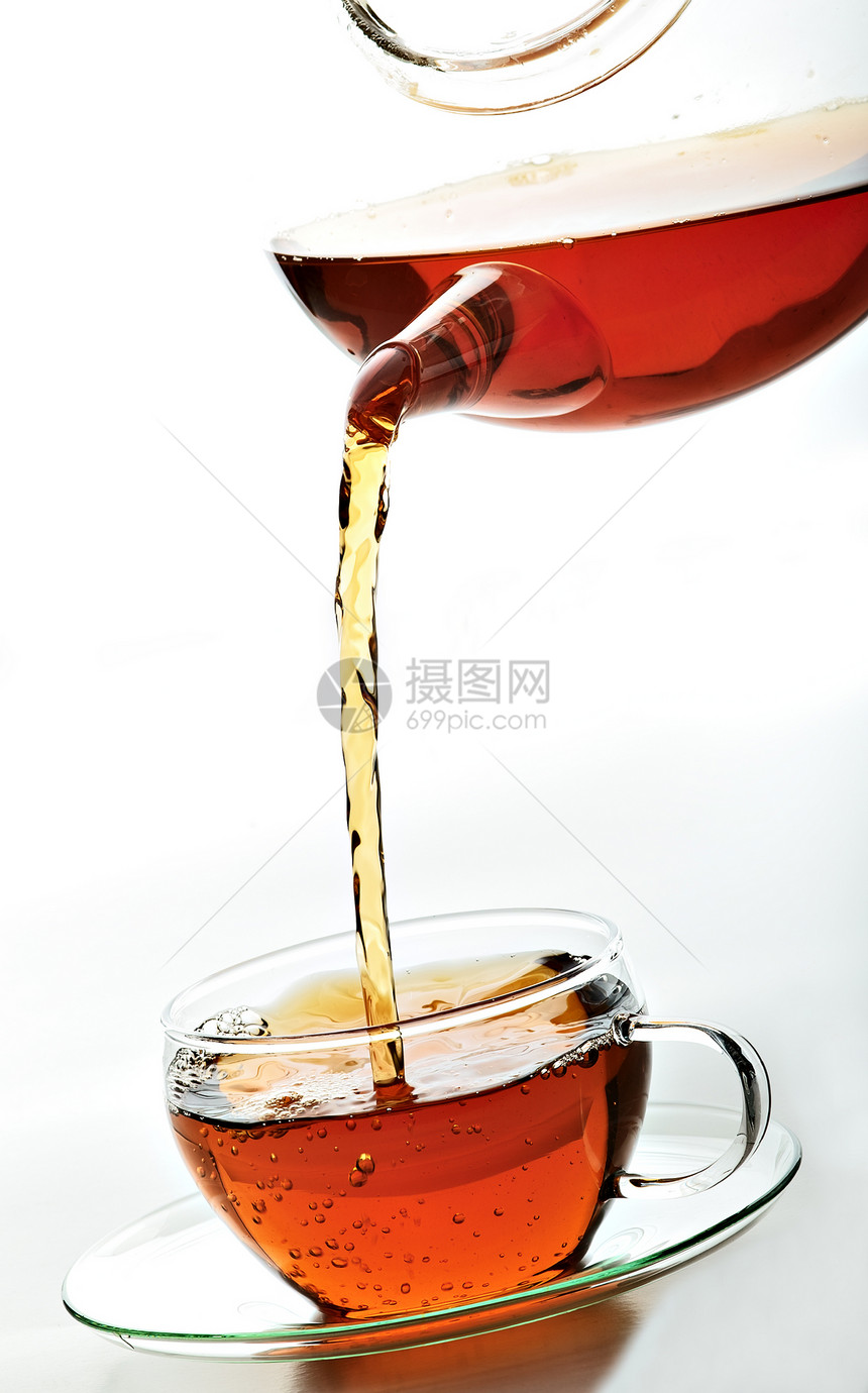 茶杯中的茶飞碟茶壶金色热饮黄色玻璃杯杯子图片