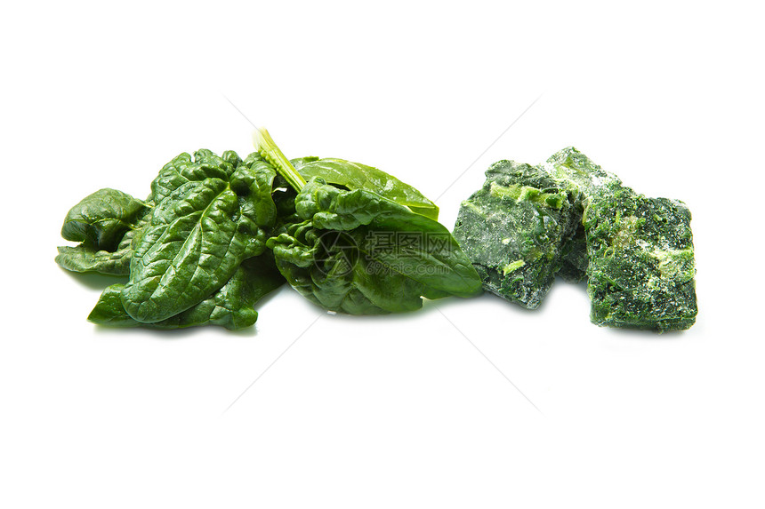 新鲜的和冰冻的菠菜立方体背景力量蔬菜叶子树叶白色贮存绿色图片