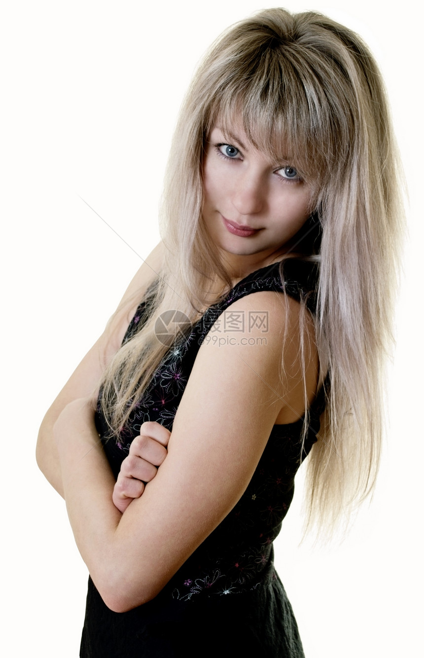 可爱金发美女金发女郎青年女士白色成人女性蓝色工作室头发图片