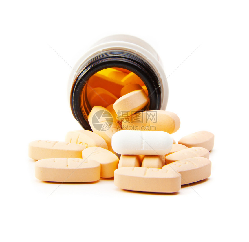 塑料罐中药丸的超视光     孤立制药塑料药品白色圆形治疗药物药片图片