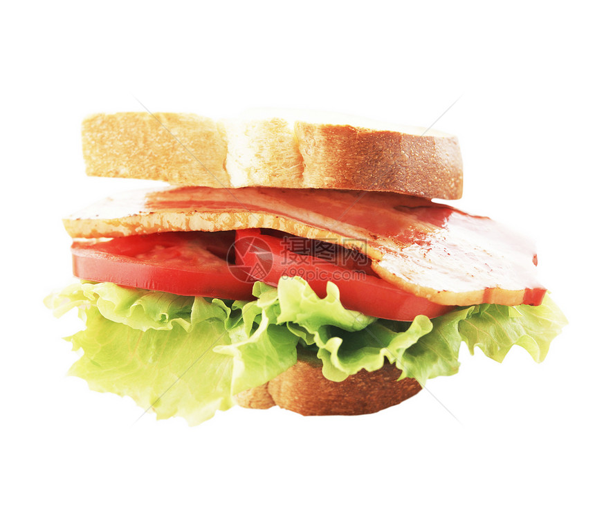 配有培根和蔬菜的三明治绿色沙拉火腿早餐营养食物白色面包午餐图片