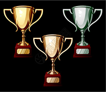 三组三杯运动杯插图反射比赛金子成功荣誉杯子青铜黑色背景设计图片