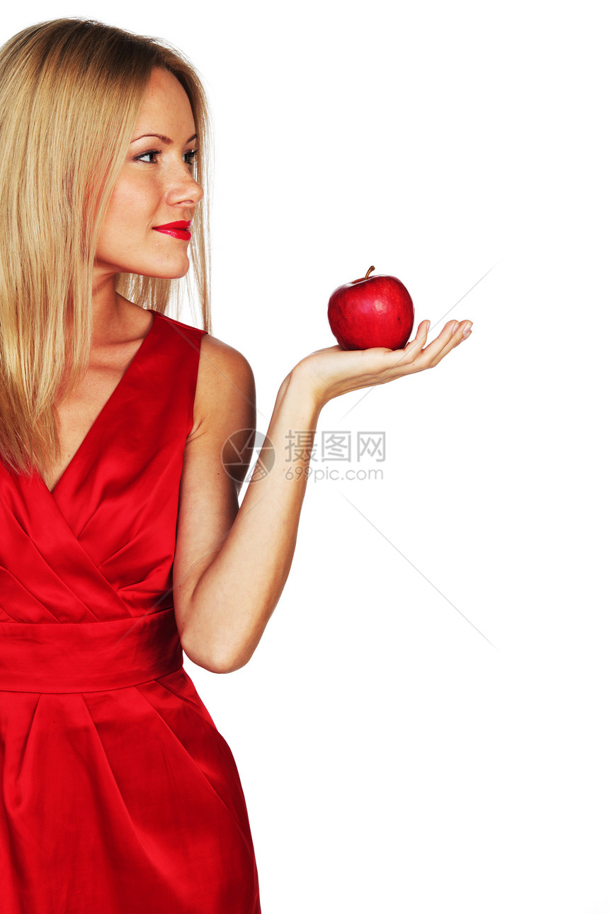 女人和红苹果水果维生素活力女性营养女孩牙齿金发卫生保健图片