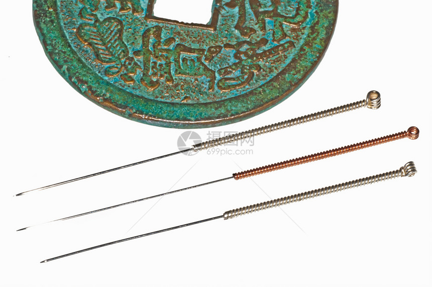 中国硬币上的针刺针治疗保健古董康复药品宏观医疗工作室工具金属图片