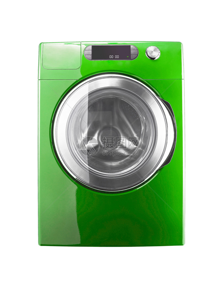 孤立的洗涤机白色家庭洗衣机纺纱家务机器技术绿色工作洗衣店图片
