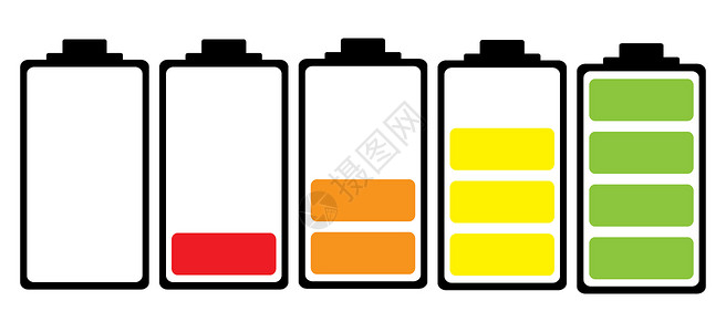 电压图标电池充电彩色图标力量收费技术碱性黑色来源电子产品插图红色黄色背景