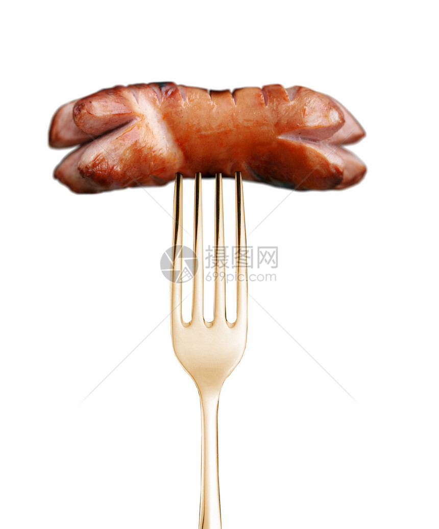 白背景的叉子上的灰色香肠白色油炸饮食牛肉热狗状态养分红色美味猪肉图片