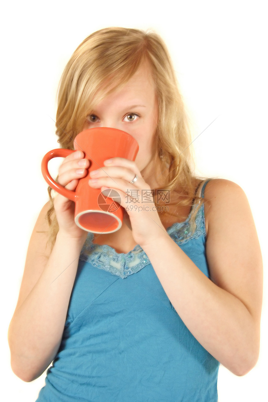 咖啡杯饮料白色女士金发女郎杯子咖啡小鸡闲暇女孩少年图片