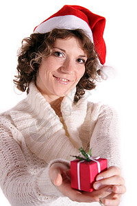 圣诞快乐黑发女士展示女孩小鸡白色少年时候惊喜礼物背景图片
