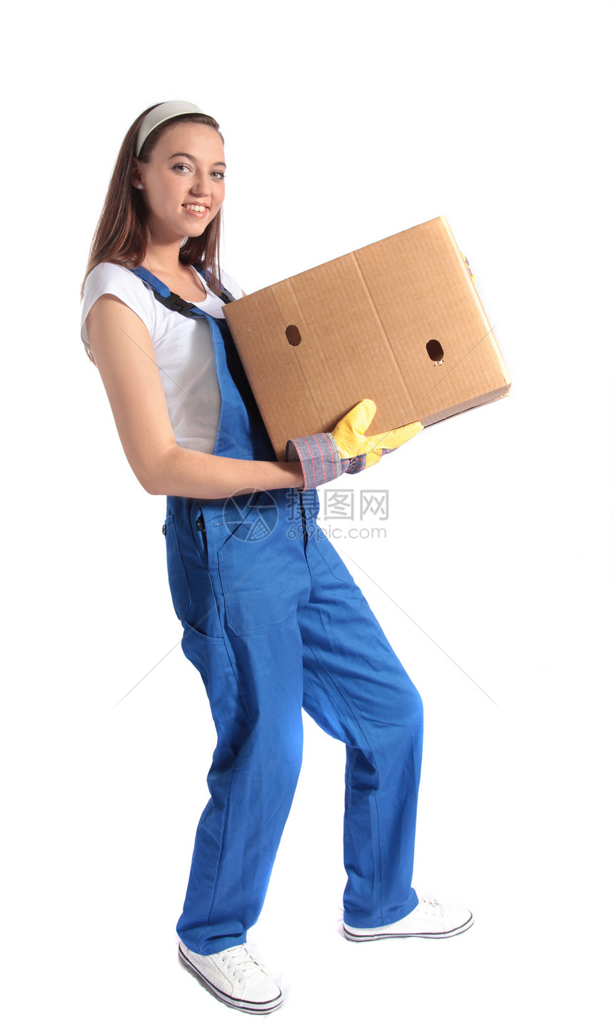 携带搬运箱的年轻妇女搬迁包装女士黑发少年盒子纸盒小鸡女孩白色图片