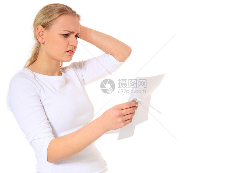 坏消息账单惊喜女子阅读邮政青年邮件女士女孩白色图片