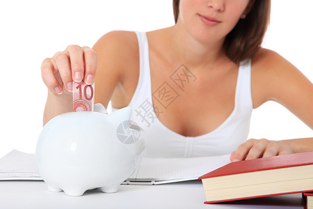 节节余金融女性存钱罐长发学费储蓄白色教育女孩女士背景图片