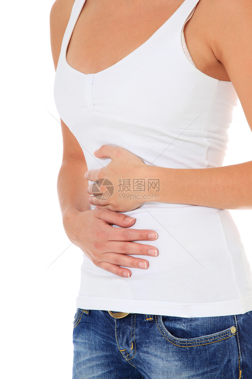 胃部症状青年经期腹痛女士健康黑发白色女孩医学图片