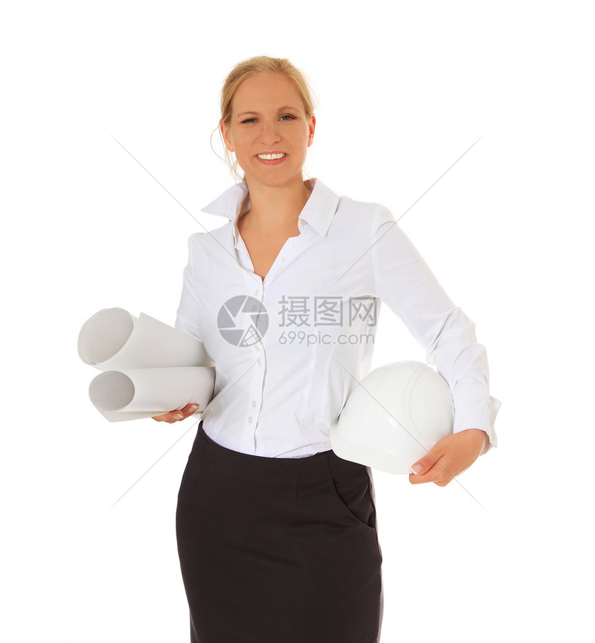 建筑师控制机构女士白色建设职业女孩头盔监理监督图片