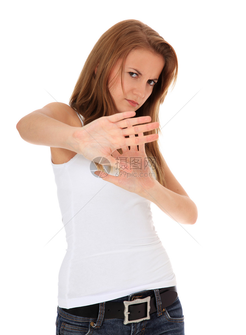 国防女士青年青少年排斥手势白色保卫长发防御金发图片