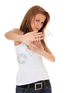 国防女士青年青少年排斥手势白色保卫长发防御金发背景图片