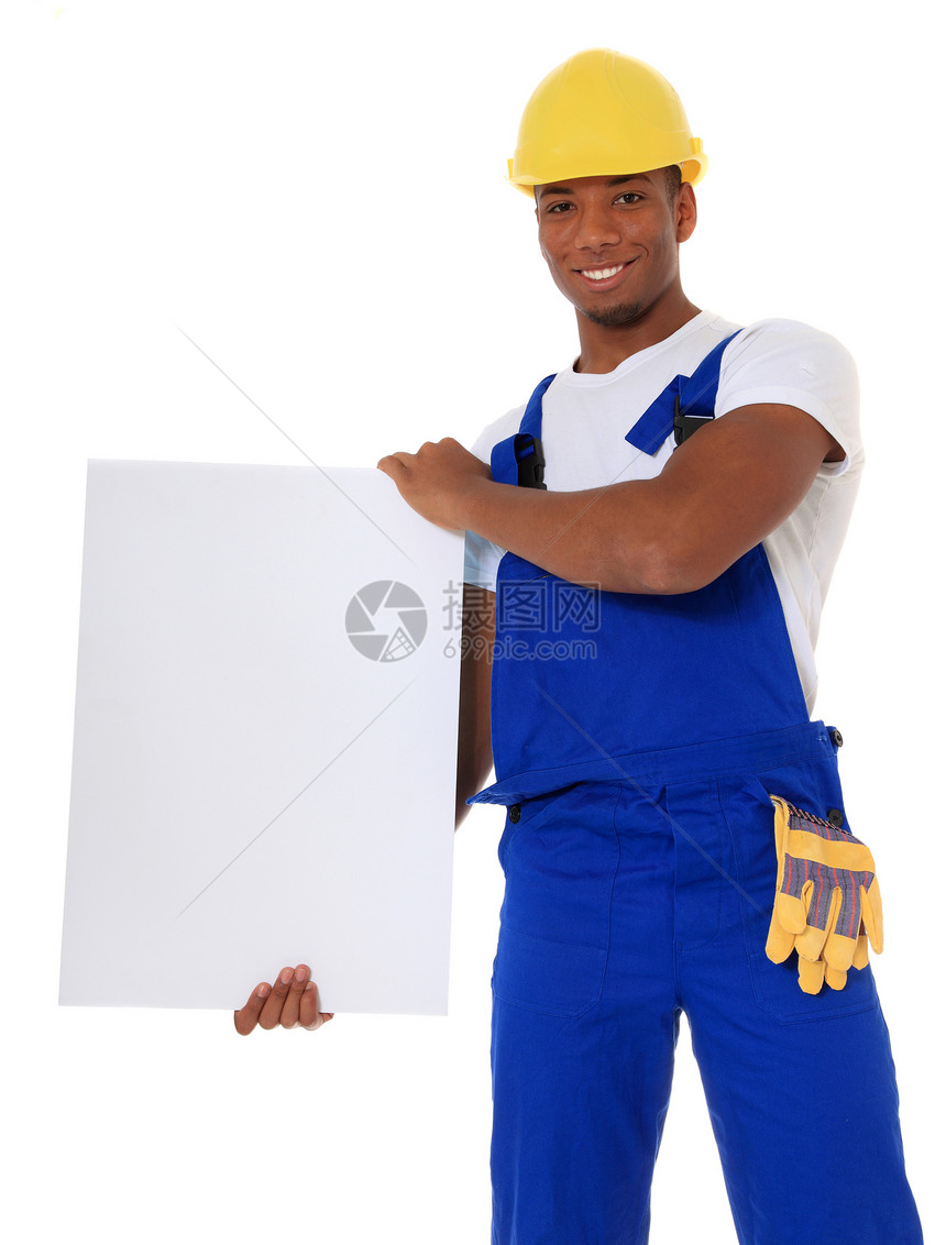 黑人手工工人微笑劳工男人外籍头盔体力劳动者领班符号木板外国图片