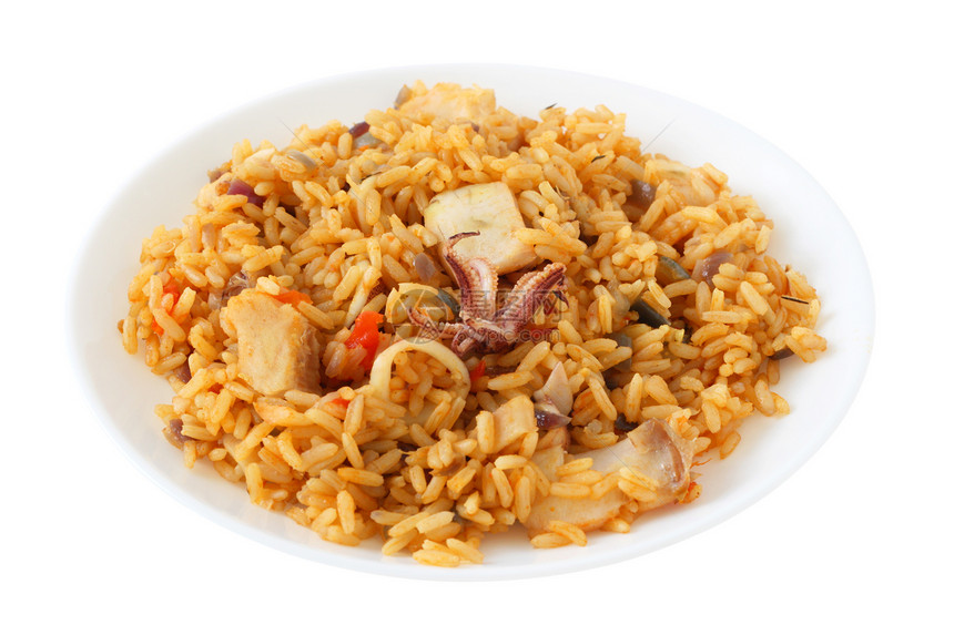 煮饭大米和海鲜海鲜饭香料盘子午餐白色乌贼洋葱食物图片
