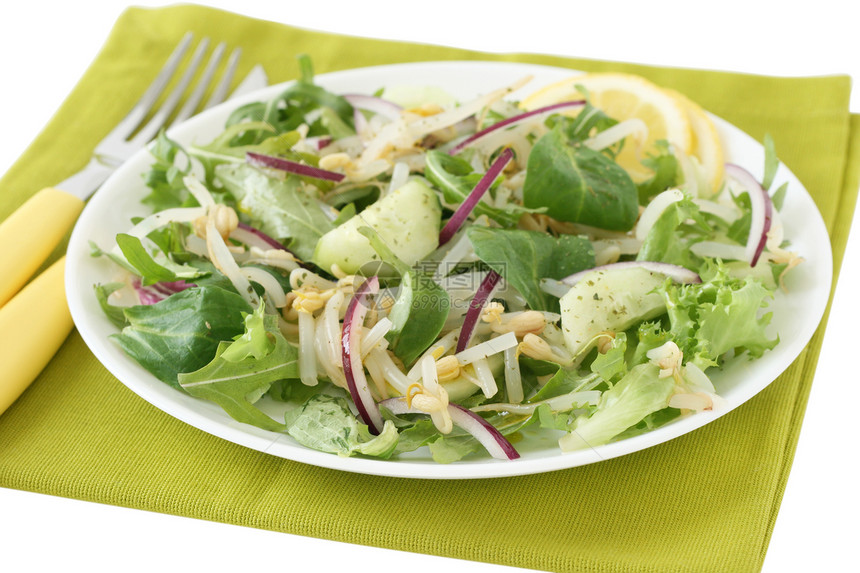 盘子上的沙拉食物柠檬黄瓜白色红色蔬菜洋葱豆芽午餐图片