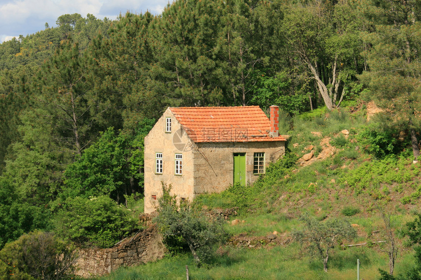 山中有许多房屋房子绿色树木天空国家假期乡村蓝色农场建筑图片