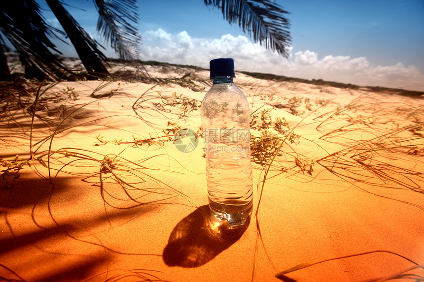 沙漠水口渴沙丘绿洲矿物瓶子瓶装沙漠饮料晴天图片
