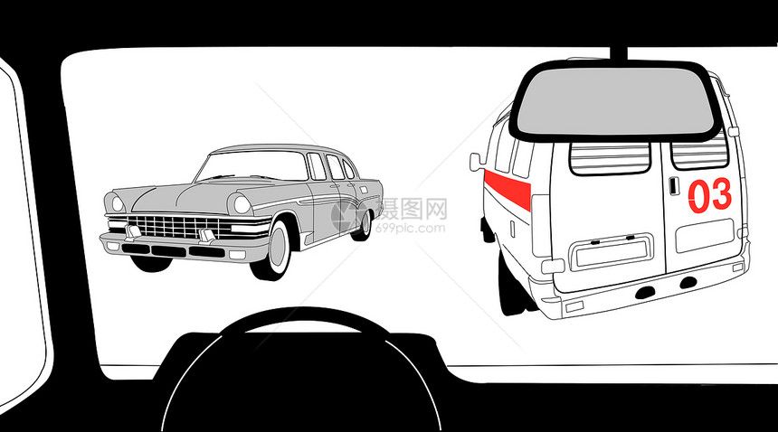 白色背景的汽车沙龙光影 矢量插图草图创造力内心方向盘艺术品夹子绘画黑色镜子玻璃图片