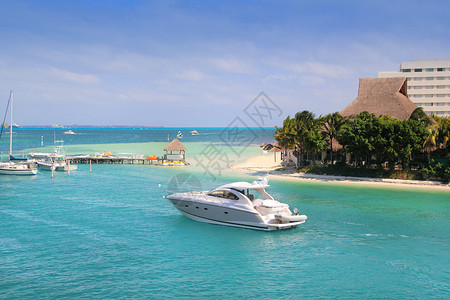 帕拉帕坎昆墨西哥湖和加勒比海村庄旅行海岸棕榈海景海洋蓝色热带太阳天空背景