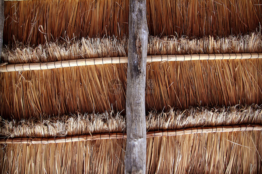上方的Hut palapa传统太阳屋顶Wiev手工植物异国棕榈木头热带屋顶白话缝纫情调图片