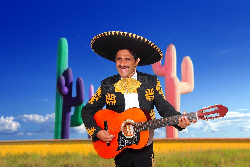 在仙人掌中弹吉他墨西哥马里亚奇加罗唱歌吉他主义戏服男性胡子歌手乐队帽子快乐图片