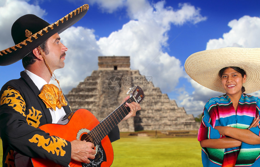 墨西哥马里亚奇加罗男人和墨西哥女孩男性戏服音乐拉丁音乐家乐队帽子歌手微笑女性图片