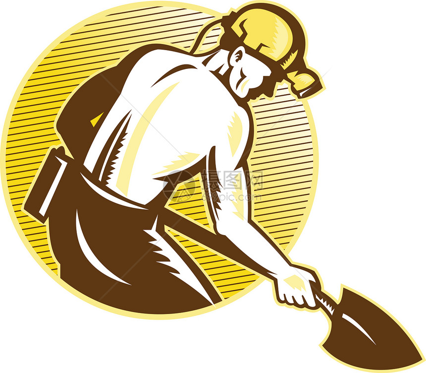 煤矿工和制雪厂圆圈男性工人安全帽木刻插图矿业图片