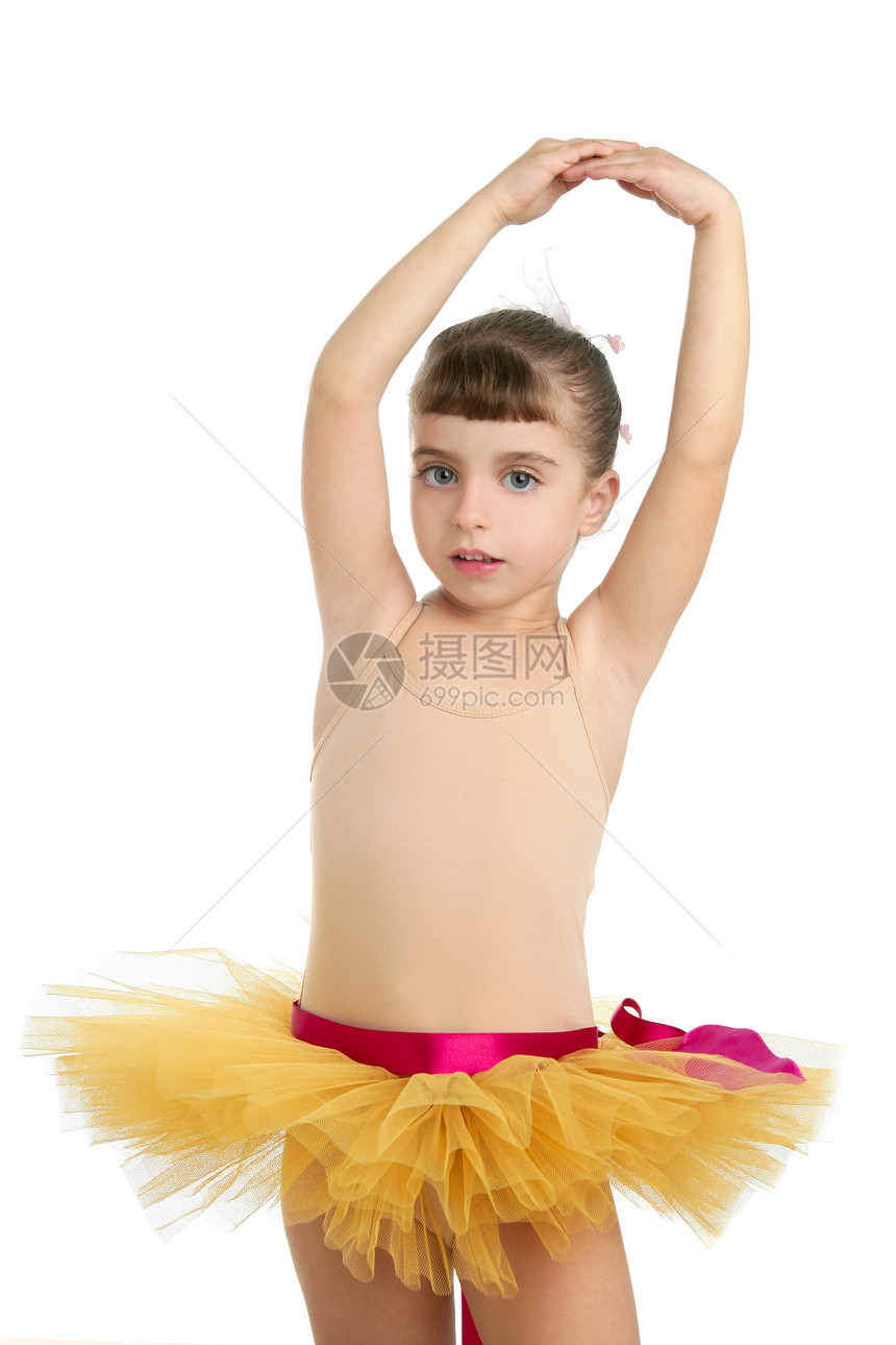 Ballerina 小女孩肖像 在演播室上舞蹈演员冒充芭蕾舞姿势孩子蓝色乐趣舞蹈家童年图片
