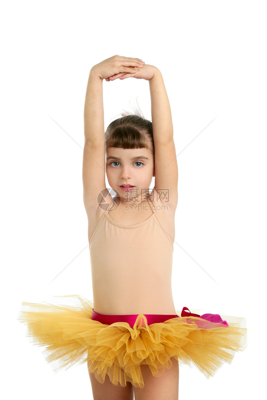 Ballerina 小女孩肖像 在演播室上孩子演员女性蓝色眼睛冒充短裙芭蕾舞手势喜悦图片