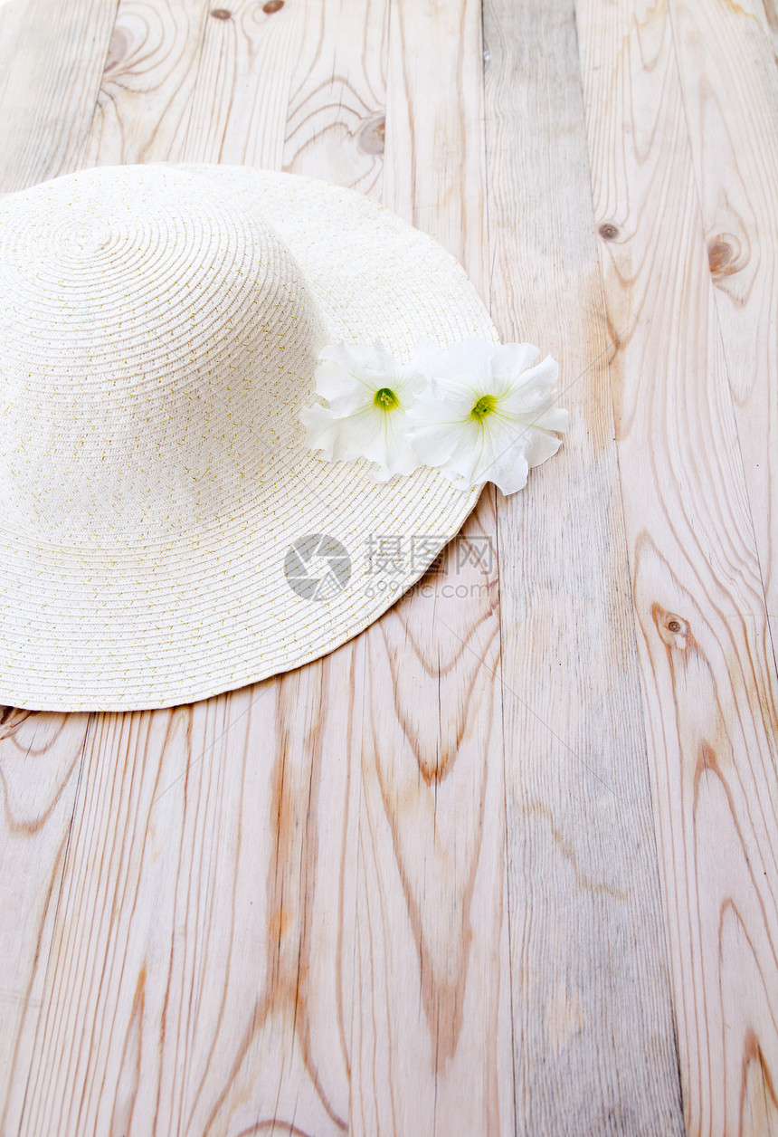 带有白花的沙帽海滩文化木头地面植物植物群生活雏菊女士戏服图片
