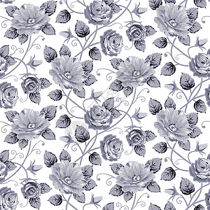 玫瑰丝无缝模式叶子装饰品玫瑰漩涡滚动正方形白色插图灰色背景图片