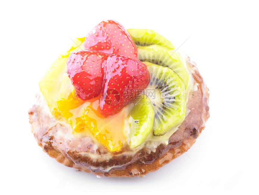 草莓 Kiwi和果冻蛋糕中的橙子茶点水果食物奇异果宏观红色绿色甜点明胶图片