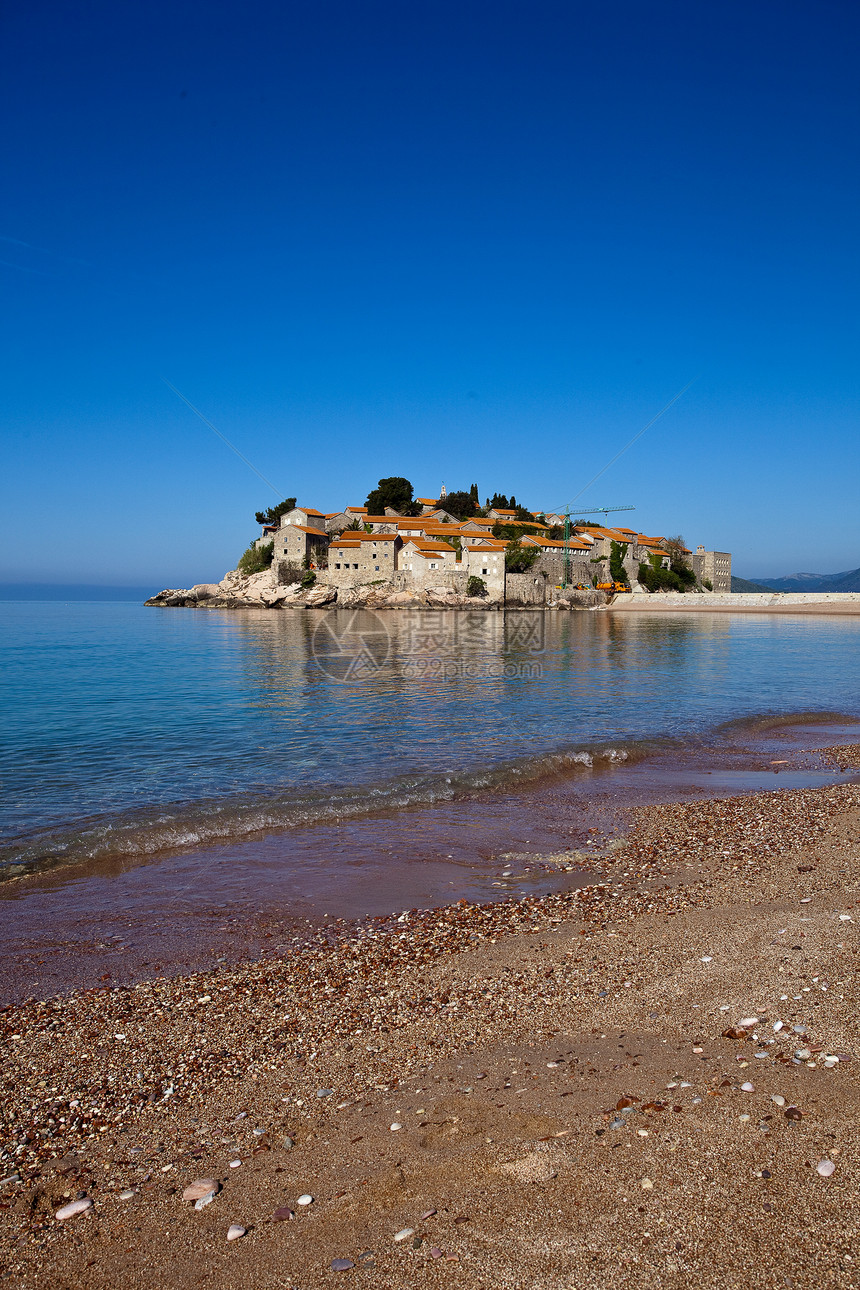 黑山斯韦蒂斯特凡岛半岛反射文化海岸旅行村庄晴天石头山脊建筑学蓝色图片