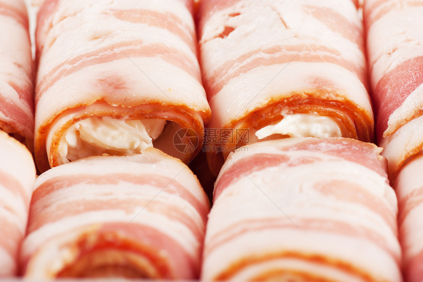 培根卷盘子产品美食小吃早餐猪肉团体宏观熏肉火腿图片