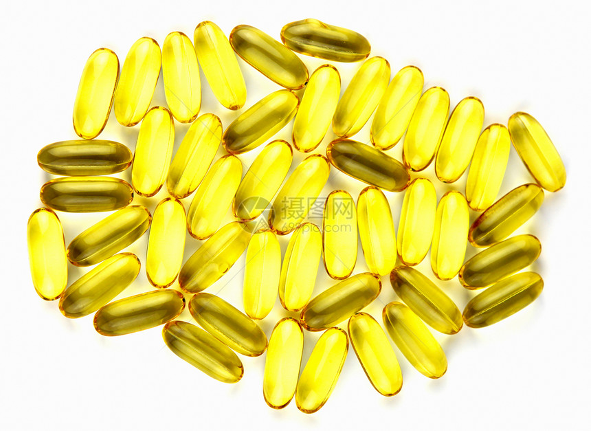 鳕鱼肝油囊胶囊黄色处方药鱼油药品水平静物摄影医学对象图片