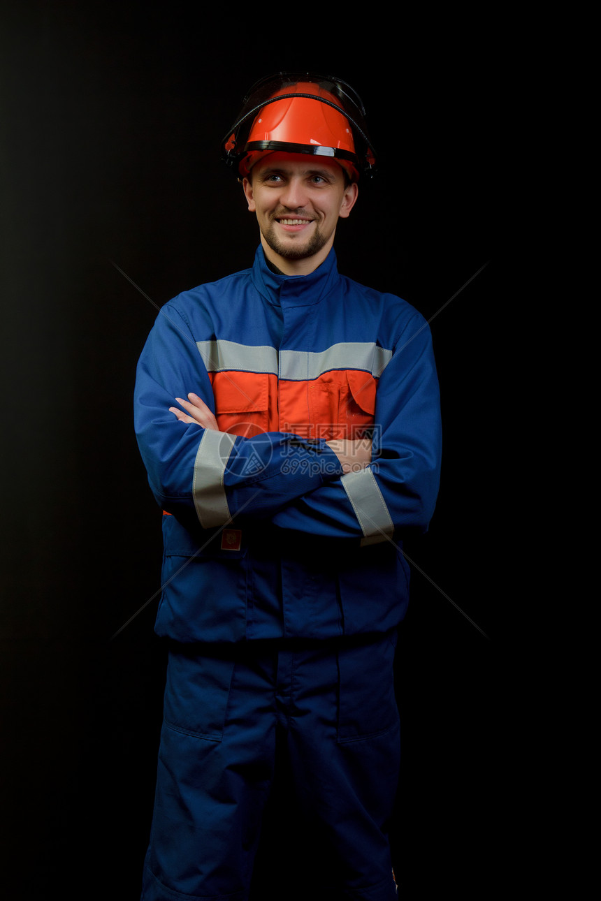 身穿制服和头盔的工人电工班级服务腰带帽子男人工程师修理工线工套装图片