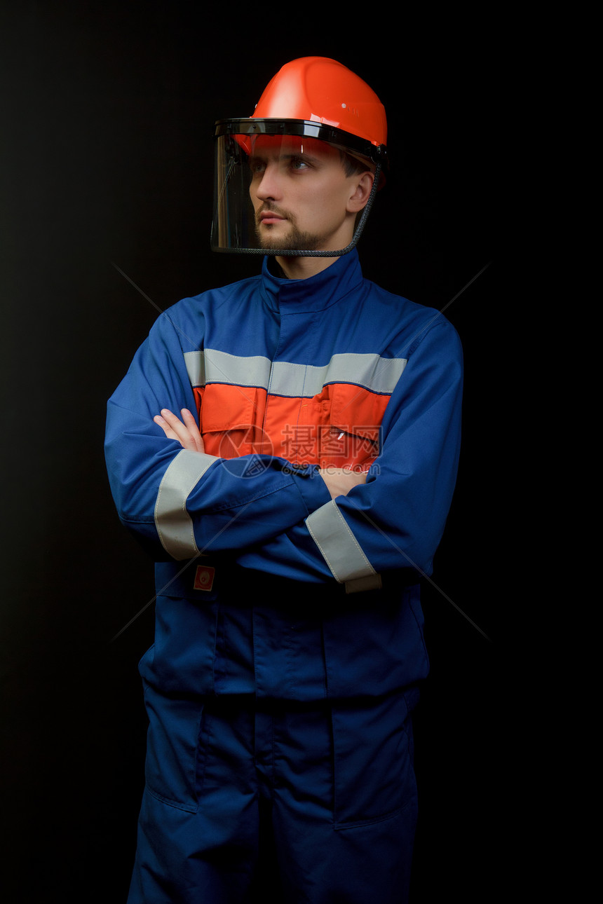 身穿制服和头盔的工人腰带班级蓝色修理工工程师工作服服务帽子套装男人图片