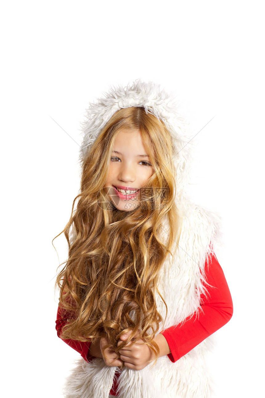 带着圣诞节冬冬白色毛皮的小女孩手势帽子工作室外套女孩季节金发快乐幸福微笑图片