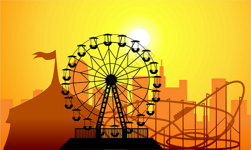 城市和游乐园的矢量轮影摩天大楼房屋橙子摩天轮马戏团天空天际坡度日落乐趣插画